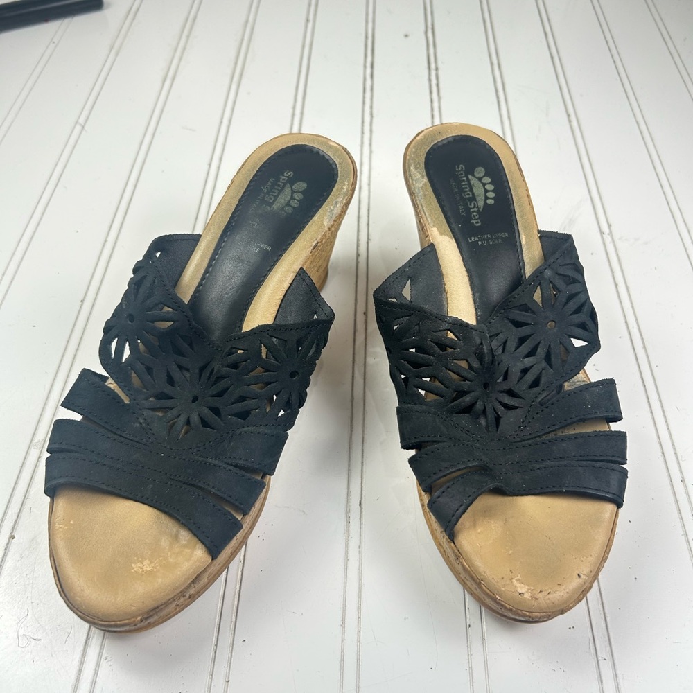 Spring Step Dora Black Leather Cork Wedge Platform Sandals Women’s Size EU 39 8 - Picture 13 of 13